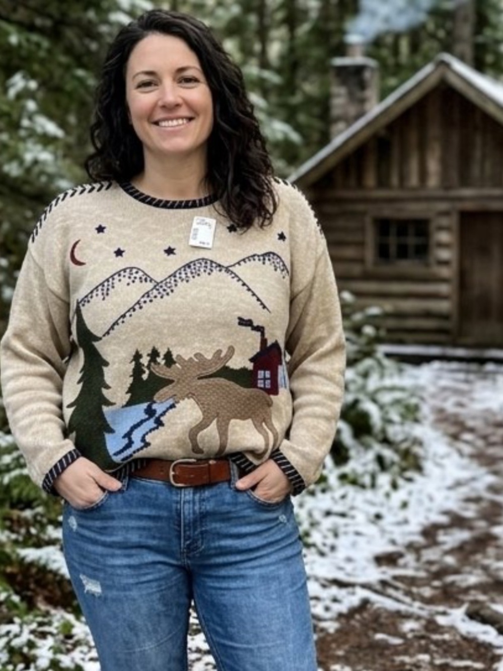 Christopher & Banks Beige Mountain Moose Crewneck Sweater xl